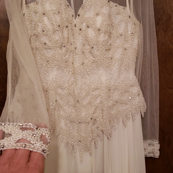 Peak Evenings Off-White Hand Beaded Gown - Picture 5 of 8